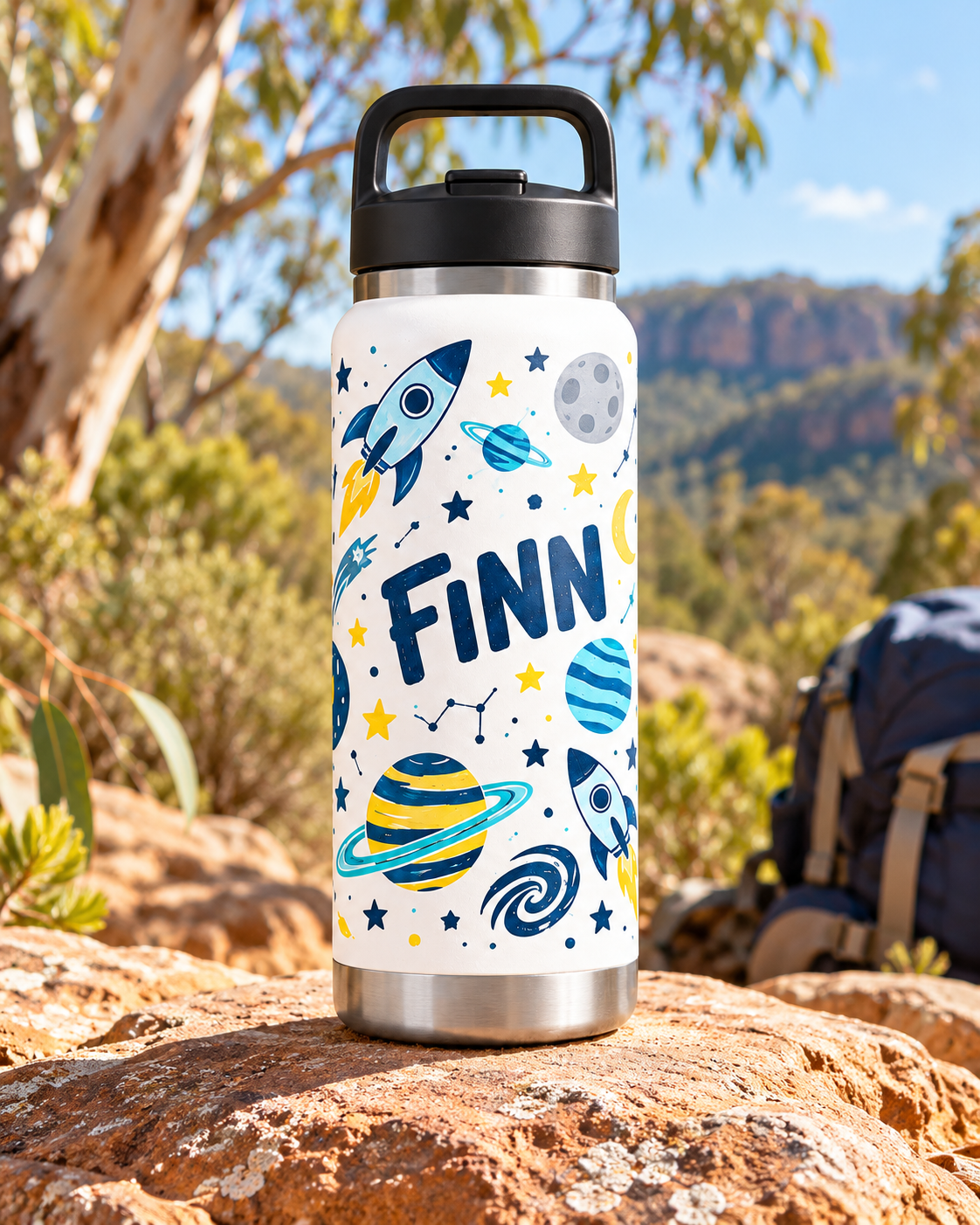 Finn’s space design on a navy bottle on a bushwalking trail.