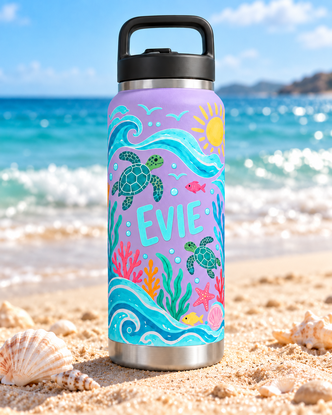 Evie’s ocean design on a lavender bottle standing in beach sand.