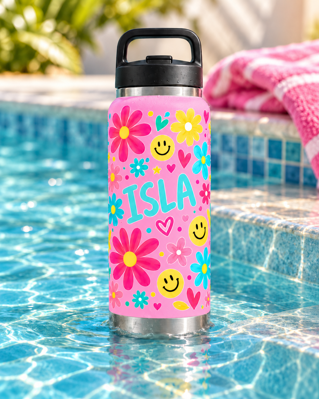 Isla’s flower and smiley design on a pink bottle in a shallow pool step.